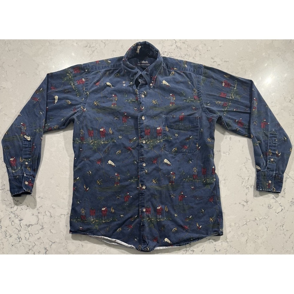 VTG 90s Kenneth Gordon Dillards Shirt Mens Small Fly Fishing AOP Made In USA